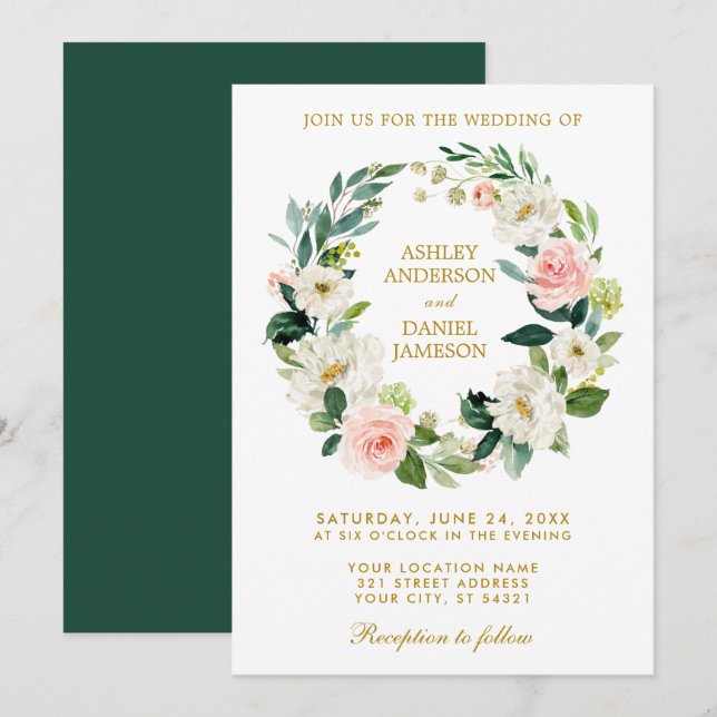 Invitation Aquarelle Florale couronne rose blanc or Mariage G (Devant / Derrière)