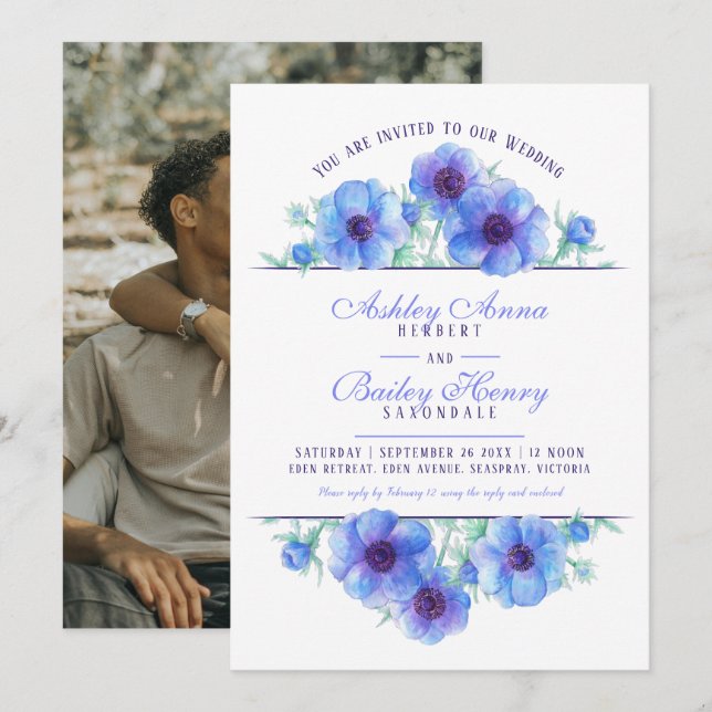 Invitation Aquarelle florale d'anémone bleu photo mariage (Devant / Derrière)