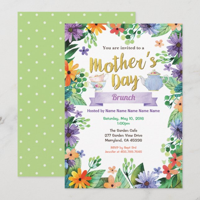 Invitation Aquarelle florale de brunch de thé de jour de (Devant / Derrière)