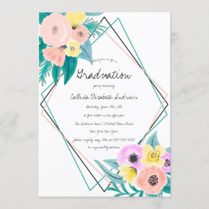 Invitation Aquarelle florale de corail Graduation du cadre