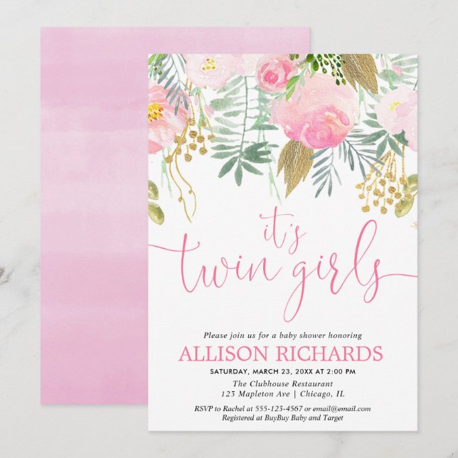 Invitation Aquarelle florale de filles de verdure rose (Devant / Derrière)