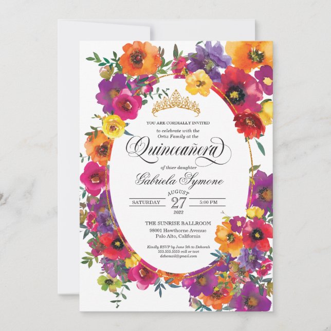 Invitation Aquarelle florale de la Fiesta brillante Quinceañe (Devant)