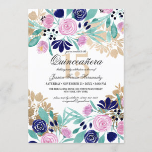 Invitation Aquarelle Florale de la Marine Rose Or Quinceañera