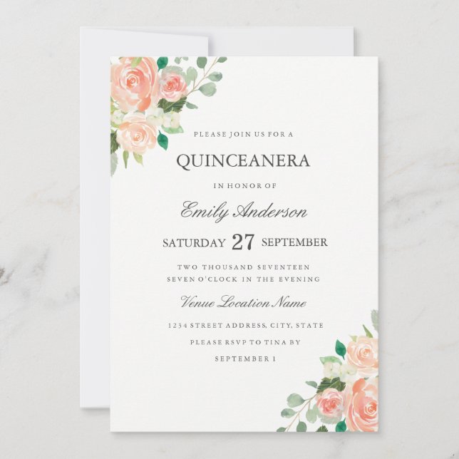 Invitation Aquarelle florale de la Pêche florale Quinceanera  (Devant)