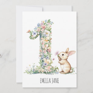 Invitation Aquarelle florale de lapin 1er anniversaire