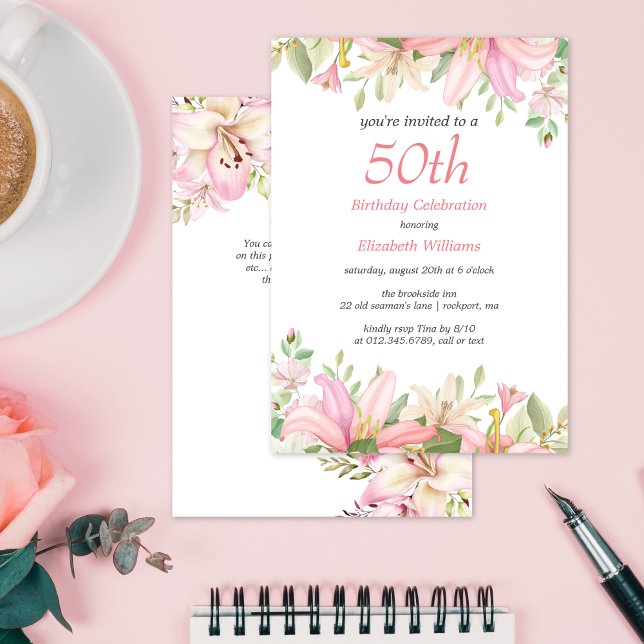 Invitation Aquarelle florale de lys roses doux anniversaire (Créateur téléchargé)