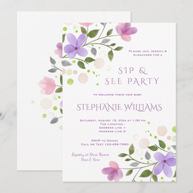 Invitation Aquarelle florale de printemps jolie Sip & See (Devant / Derrière)