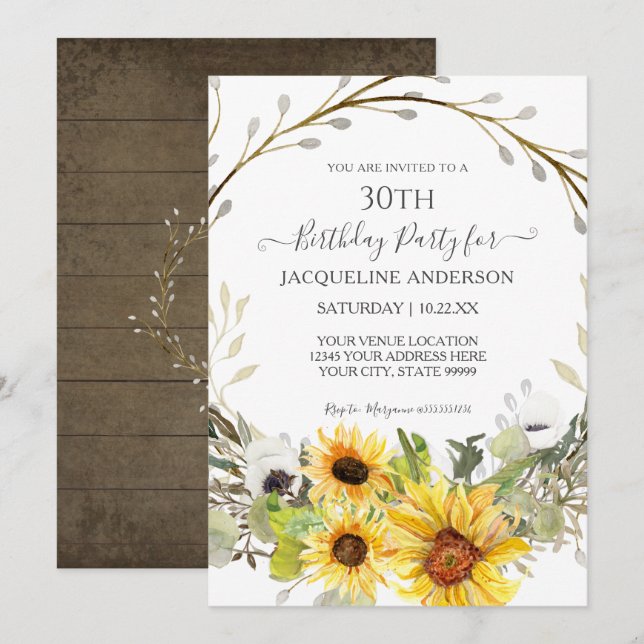 Invitation Aquarelle florale de tournesol rustique 30e annive (Devant / Derrière)
