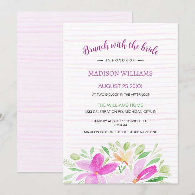 Invitation Aquarelle florale d'été rose pâle (Devant / Derrière)