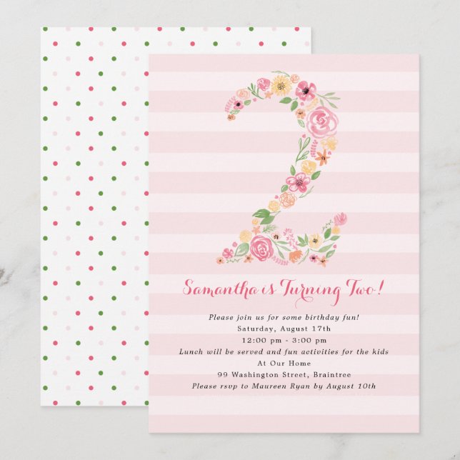 Invitation Aquarelle Florale Deux deuxième anniversaire (Devant / Derrière)