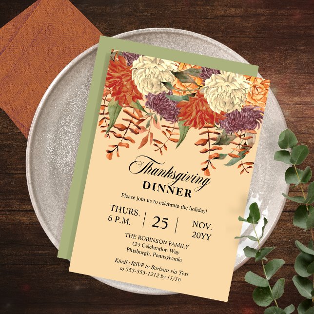 Invitation Aquarelle Florale | Dîner Eucalyptus Thanksgiving (Watercolor Floral Eucalyptus Thanksgiving Dinner Invitation with  Light Sage Green Back)