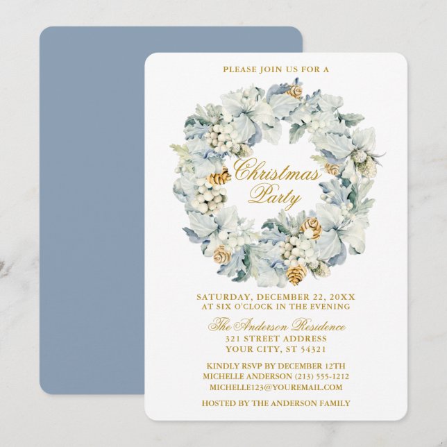 Invitation Aquarelle Florale Dusty Blue Gold fête de Noël (Devant / Derrière)