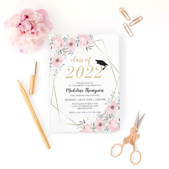 Invitation Aquarelle florale Dusty Blush Gold Graduation (Créateur téléchargé)
