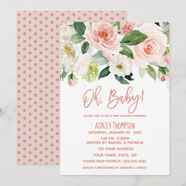 Invitation Aquarelle Florale Dusty Rose Girls Baby shower (Devant / Derrière)