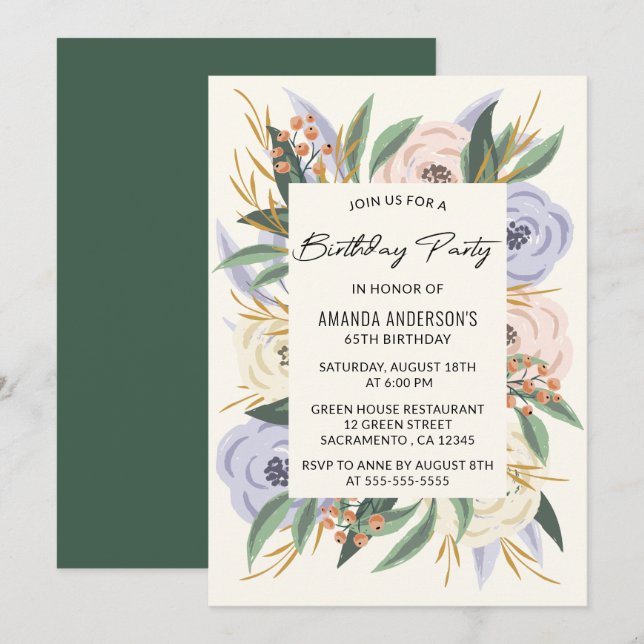 Invitation Aquarelle Florale Élégante 65e anniversaire (Devant / Derrière)