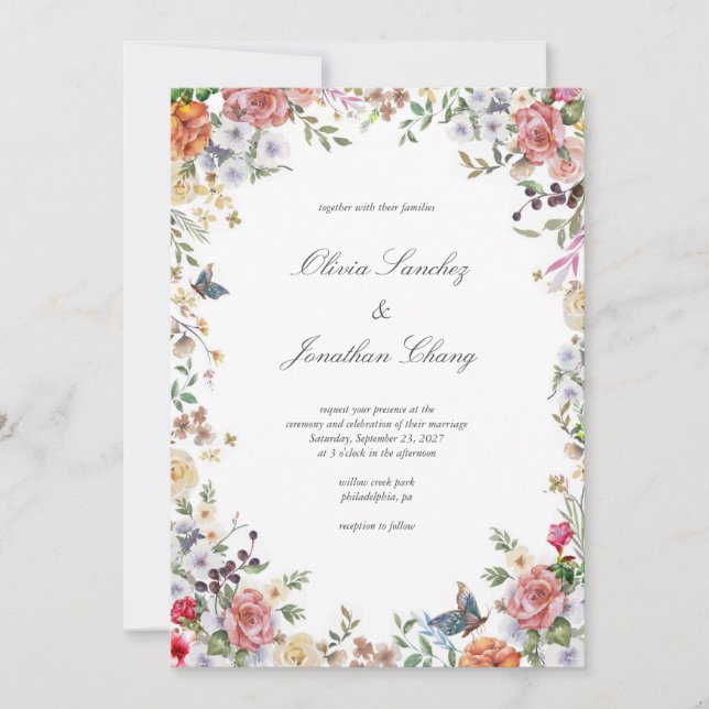Invitation Aquarelle Florale Élégante Tout en un Mariage (Devant)
