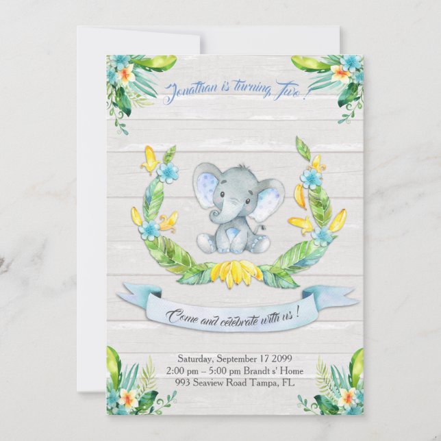 Invitation Aquarelle florale Elephant Invitation, Baby boy 2e (Devant)