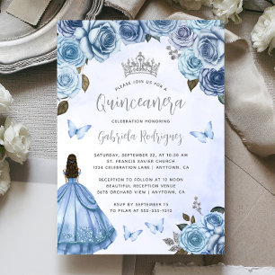 Invitation Aquarelle florale en argent bleu Quinceañera