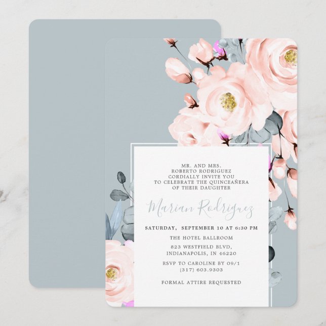 Invitation Aquarelle florale et bleu unique Quinceañera (Devant / Derrière)