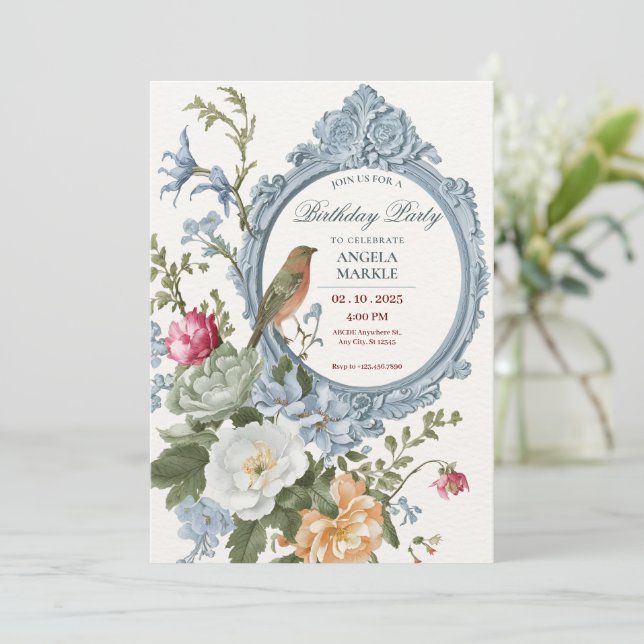 Invitation Aquarelle florale et cadre d'oiseaux Anniversaire (Debout devant)