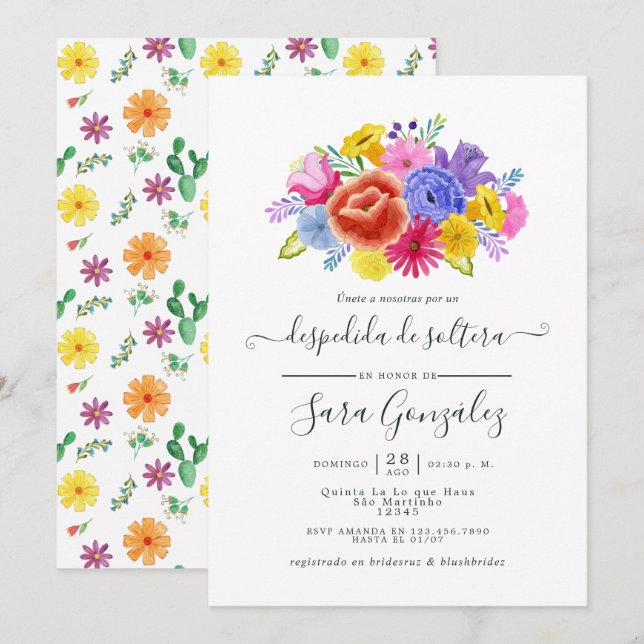 Invitation Aquarelle Florale Fête des mariées Fiesta espagnol (Devant / Derrière)
