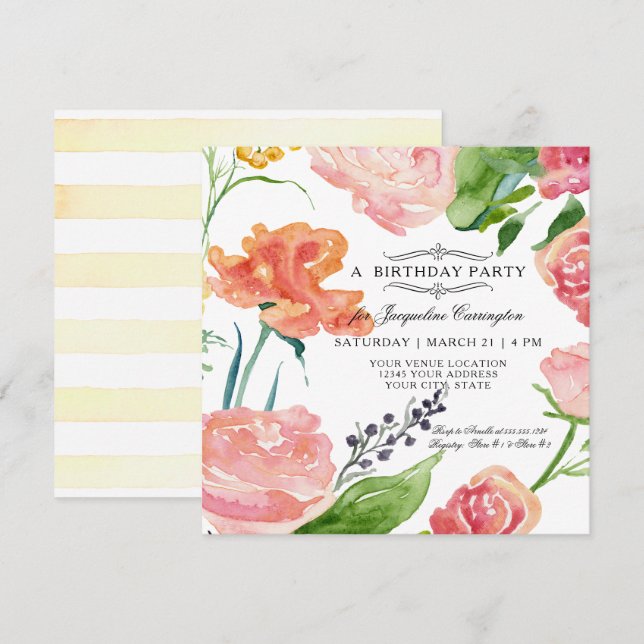 Invitation Aquarelle florale Feuillage rose moderne (Devant / Derrière)