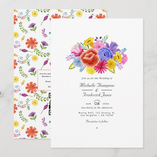 Invitation Aquarelle Florale Fiesta QR Code RSVP Mariage (Devant / Derrière)