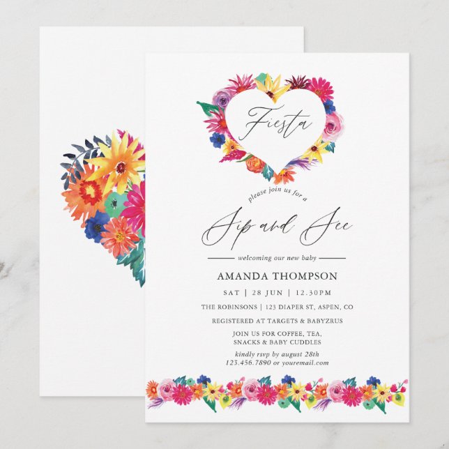 Invitation Aquarelle Florale Fiesta Sip et voir (Devant / Derrière)