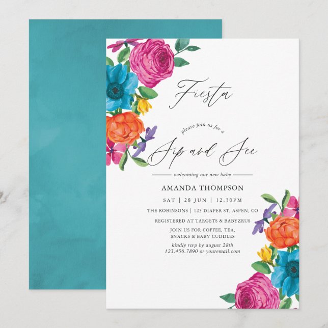 Invitation Aquarelle Florale Fiesta Sip et voir (Devant / Derrière)