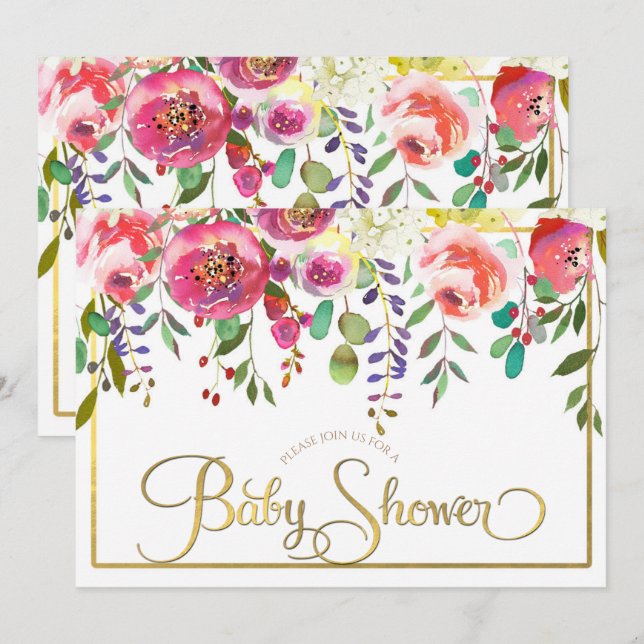Invitation Aquarelle Florale Fleurs Baby shower moderne (Devant / Derrière)