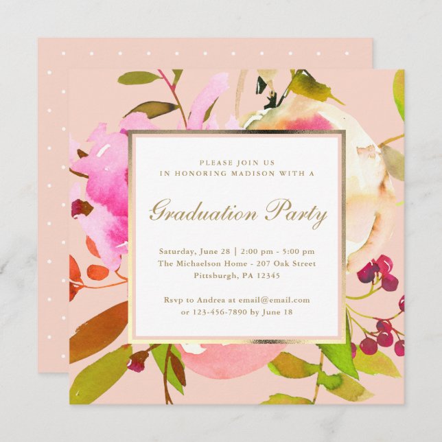 Invitation Aquarelle florale floue avec des points Graduation (Devant / Derrière)