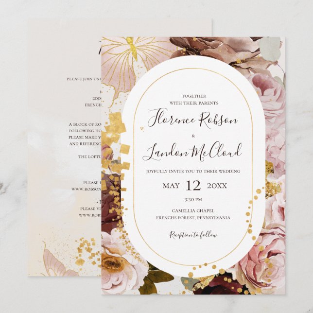 Invitation Aquarelle Florale Flush moderne tout en un Mariage (Devant / Derrière)