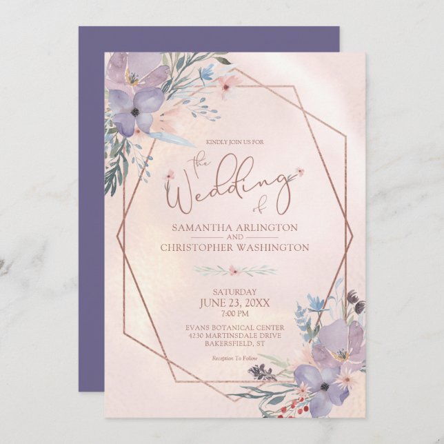 Invitation Aquarelle Florale géométrique violet Mariage (Devant / Derrière)