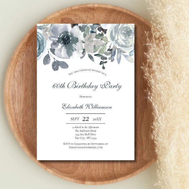 Invitation Aquarelle florale gris bleu pour elle (Blue Green Gray Watercolor Floral Birthday invitation for her. Printed or Digital Instant download)