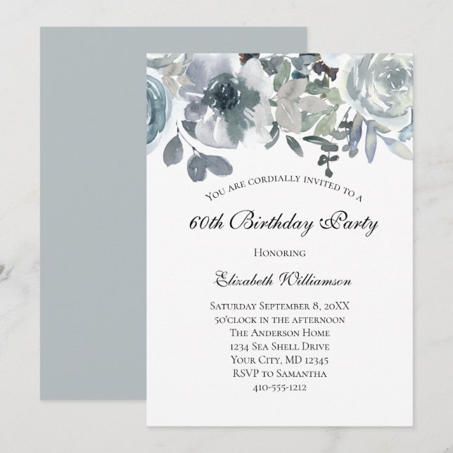 Invitation Aquarelle florale gris bleu pour elle (Devant / Derrière)