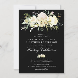 Invitation aquarelle florale ivoire blanc mariage noir