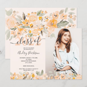 Invitation Aquarelle florale jaune orangé graduation photo