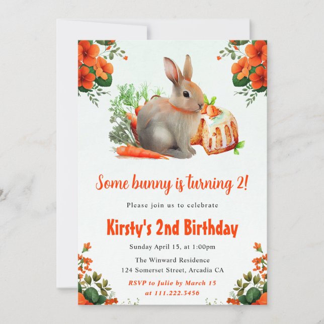 Invitation Aquarelle Florale Lapin et Carottes 2e anniversair (Devant)
