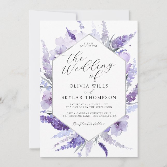 Invitation Aquarelle florale lavande Mariage violet argenté (Devant)