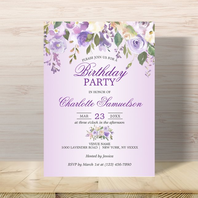Invitation Aquarelle Florale Lavande pourpre ANNIVERSAIRE (Créateur téléchargé)