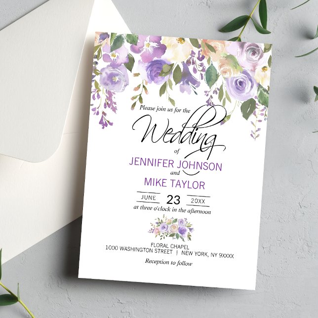 Invitation Aquarelle Florale Lavande violet Mariage Lilac (Watercolor Floral Lavender Purple Lilac Wedding Invitation)