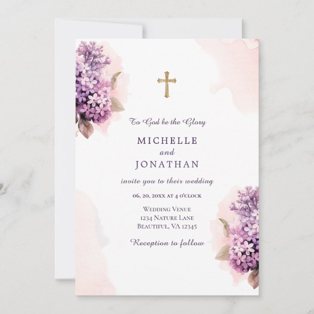Invitation Aquarelle florale Lilac Croix chrétienne Mariage (Devant)