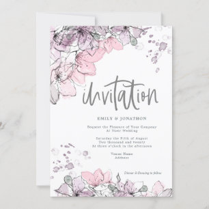 Invitation Aquarelle Florale Lilac Pink Splash Script Mariage