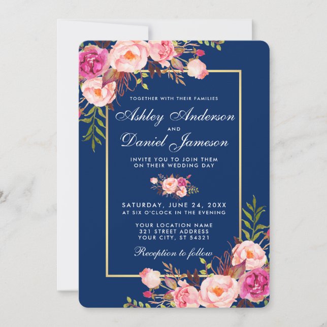 Invitation Aquarelle florale Mariage bleu rose B (Devant)
