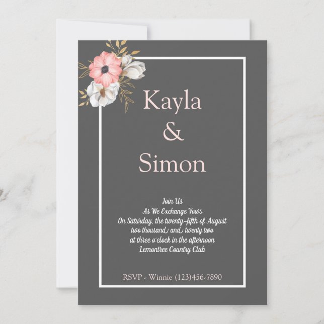 Invitation Aquarelle florale minimaliste Mariage gris (Devant)