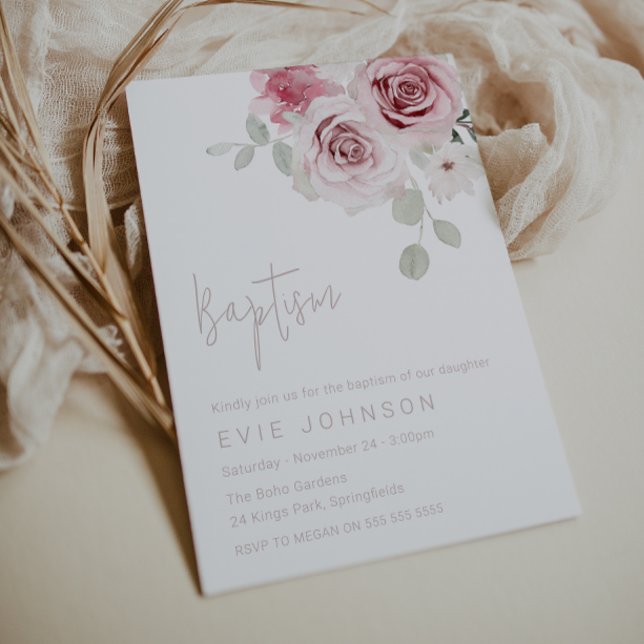 Invitation Aquarelle florale moderne Baptême Rose (Créateur téléchargé)