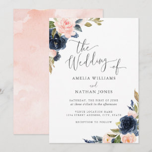Invitation Aquarelle florale moderne Blush Mariage marine