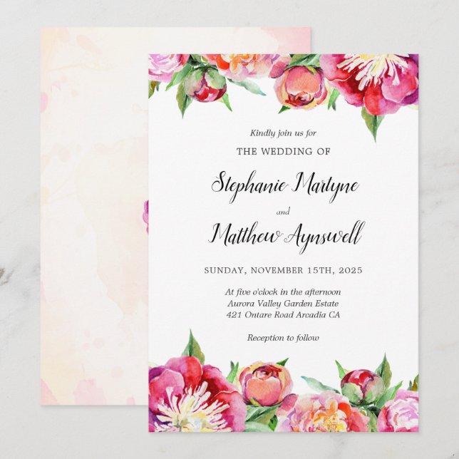 Invitation Aquarelle florale moderne Mariage de pivoine de co (Devant / Derrière)