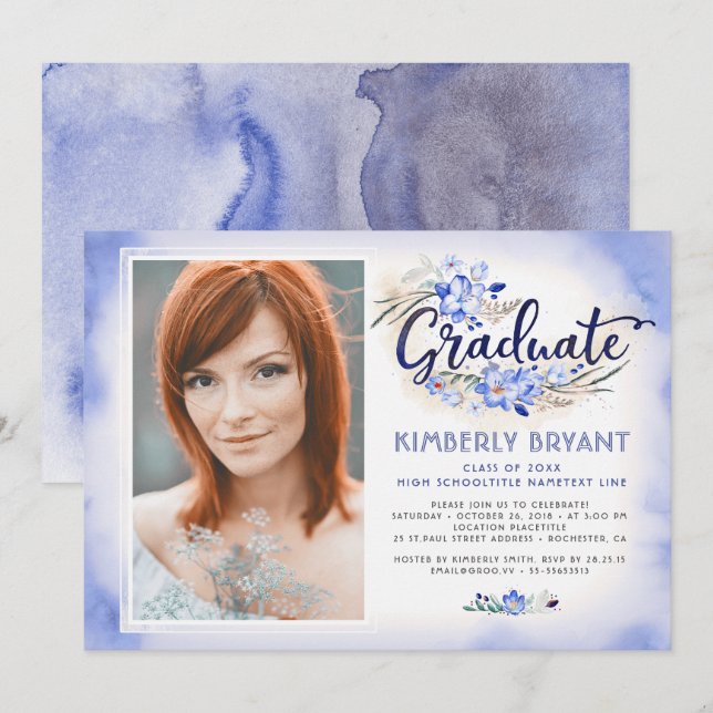 Invitation Aquarelle florale moderne Script Graduation Photo (Devant / Derrière)