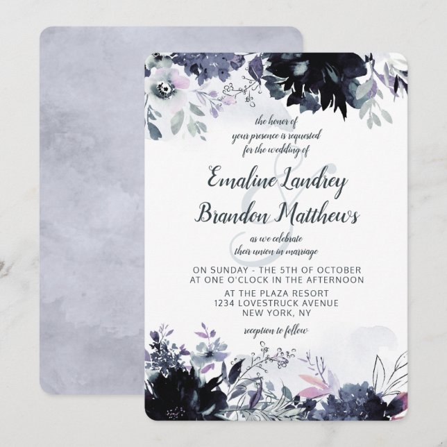 Invitation Aquarelle florale Nocturne Dusty Mariage bleu (Devant / Derrière)